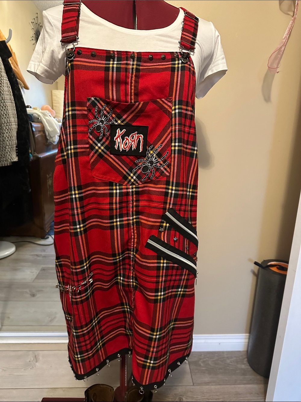 Upcycled Red Plaid Punk-Style Overall Skirt with Embroidered Patch